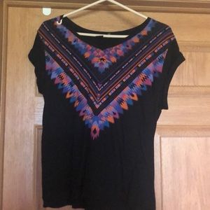 Black top with orange,purple and pink pattern